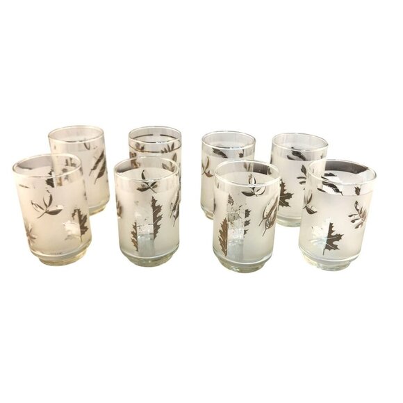 Vintage Libbey Silver Foliage Glasses Set Of 7 Frosted Tumblers With Metallic Le - Picture 1 of 5